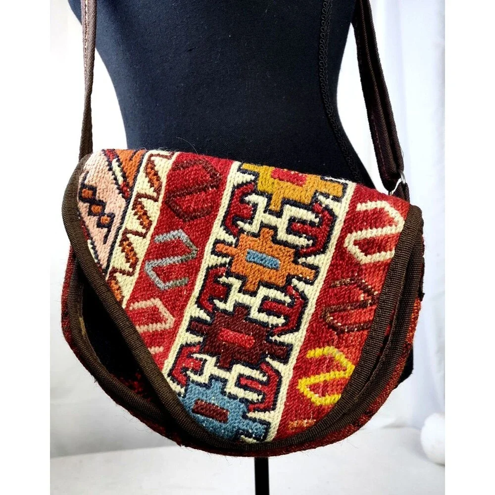 Vintage 80s 90s Southwestern Leather Turkish Kilim Bag Cross Body Boho Purse